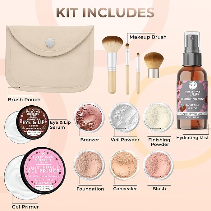 TIMELESS LOOK KIT (LIGHT TAN) Full Size Mineral Makeup Set Matte Foundation Bare Face Sheer Powder Cover