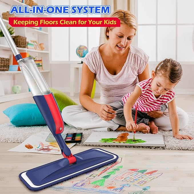 Spray Mops for Floor Cleaning: MEXERRIS Wet Dust Mops with 4 Washable Mopping Pads 2 Refillable Bottles - Flat Floor Mop with Sprayer Home Commercial Use for Hardwood Wood Laminate Ceramic Tiles