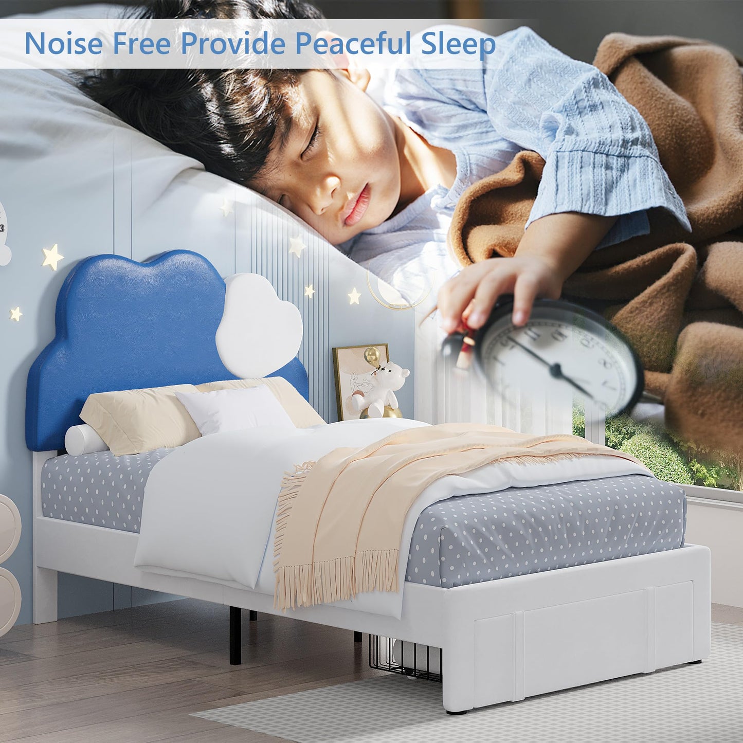 VECELO Twin Upholstered Bed Frame for Kids, Platform Bed Frames with Cloud-Shaped Headboard, Large Storage Drawer, Wooden Slats Support, Noise-Free, Blue