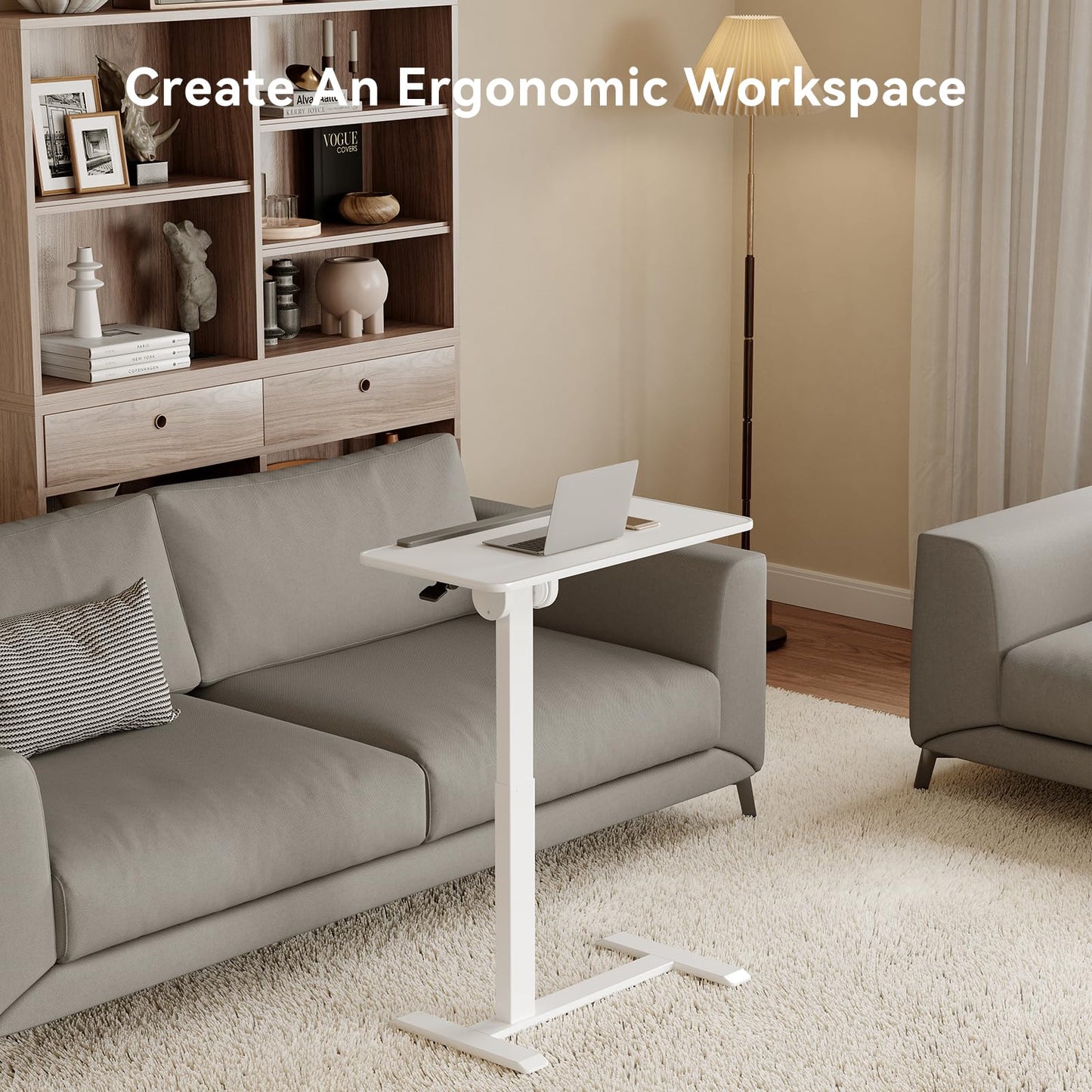 TecbL 180° Tiltable Mobile Standing Desk, Overbed Table with Wheels, 25.6" - 40.5" Height Adjustable Bedside Table, Portable Rolling Computer Desk for Home Office, Hospital - White