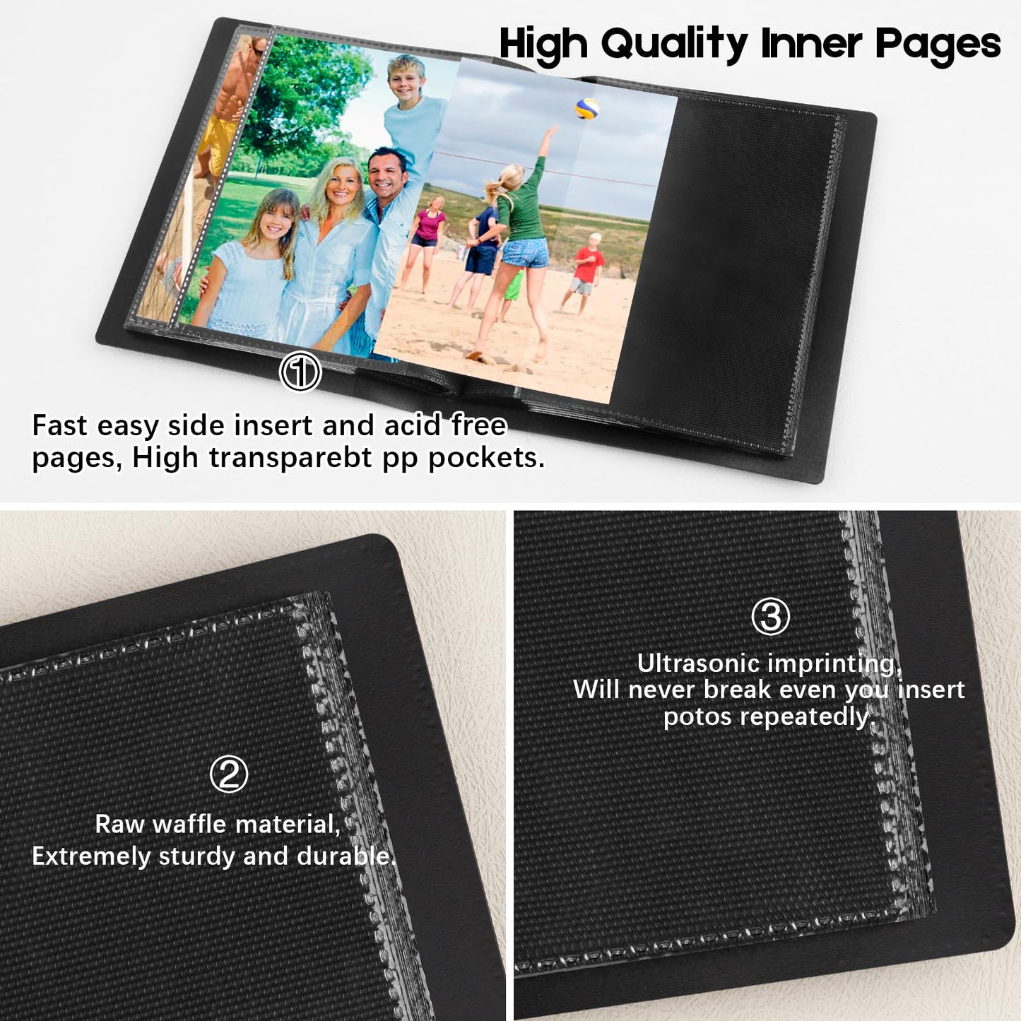 Aevdor 5x7 Photo Album Holds 64 Photos Black Inner Pages with Strong Elastic Band, Small Photo Album 5x7, Mini Picture Book for 5 x 7 Artwork, Pictures, Kids Art Storage, Postcards, Drawings (Black)