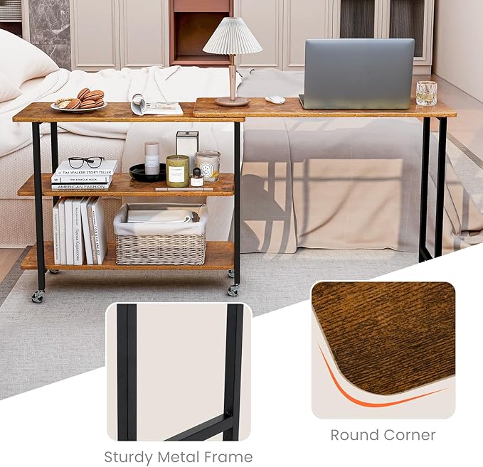 Giantex 360° Free Rotating Sofa Side Table, Mobile L-Shaped Laptop Desk with Sturdy Metal Frame, 6 Universal Casters, Movable Couch Snack Table with 2-Tier Storage Shelf for Home (Brown)