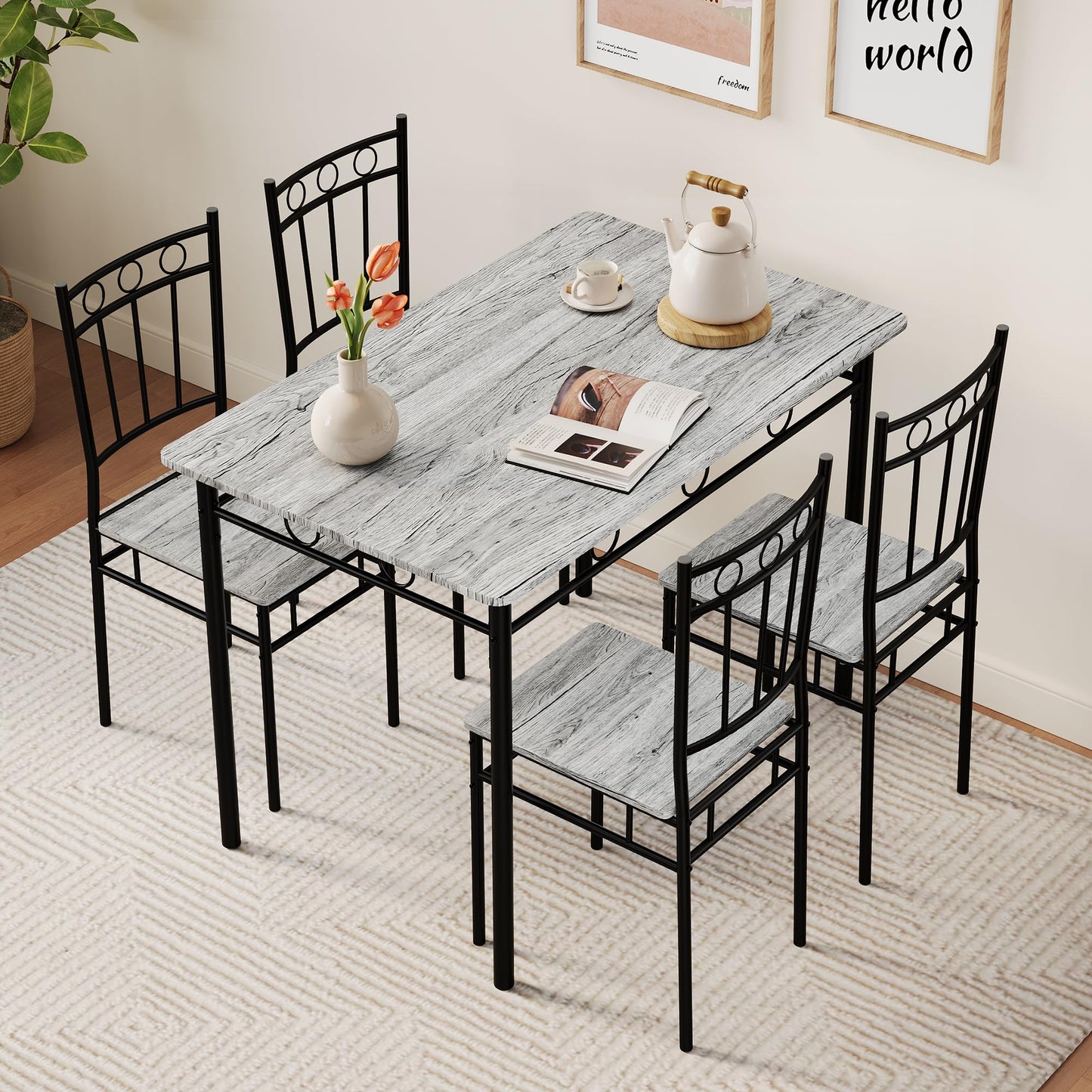 Vipbear Kitchen Dining Table Set for 4, 5-Piece Kitchen Table Set,Dining Room Table Sets,Rectangular Kitchen Table Set with 4 Chairs for Small Space, Dinette,Apartment,Rustic Grey