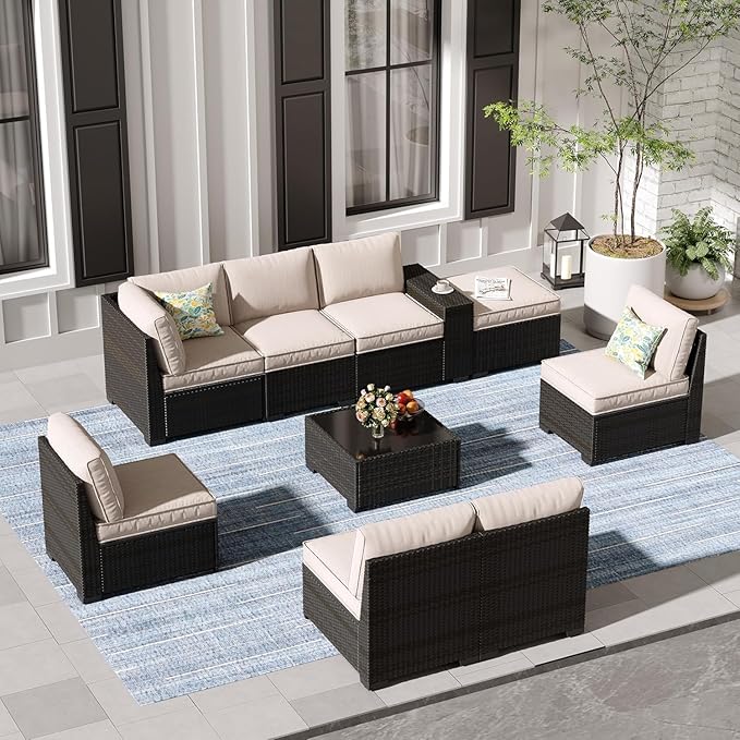 SunloungeCo 9 Pieces Outdoor Patio Furniture Set, Wicker Conversation Sets with Tea Table, Rattan Patio Sofa with Thick Cushions for Garden, Backyard Porch, Poolside,Beige