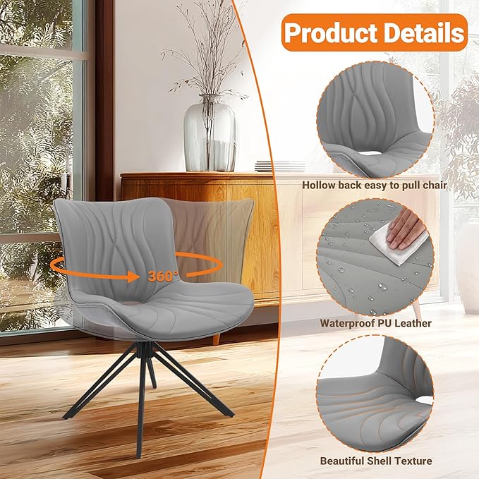 VATROS Dining Chairs Set of 2, 360° Swivel Upholstered Mid-Century Modern Kitchen Dining Room Chairs, Armless Faux Leather Accent Side Chair with Padded Back, Metal Legs for Living Room Bedrooms,Grey