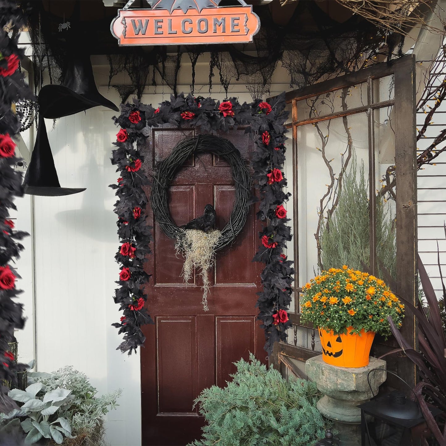 RECUTMS 2Pcs Black Fall Maple Leaf Garland with Red Roses 5.7Ft Fake Hanging Rose Vines Artificial Rose Flower Garland Black Halloween Wreath for Autumn Fireplace Indoor Outdoor Thanksgiving Decor