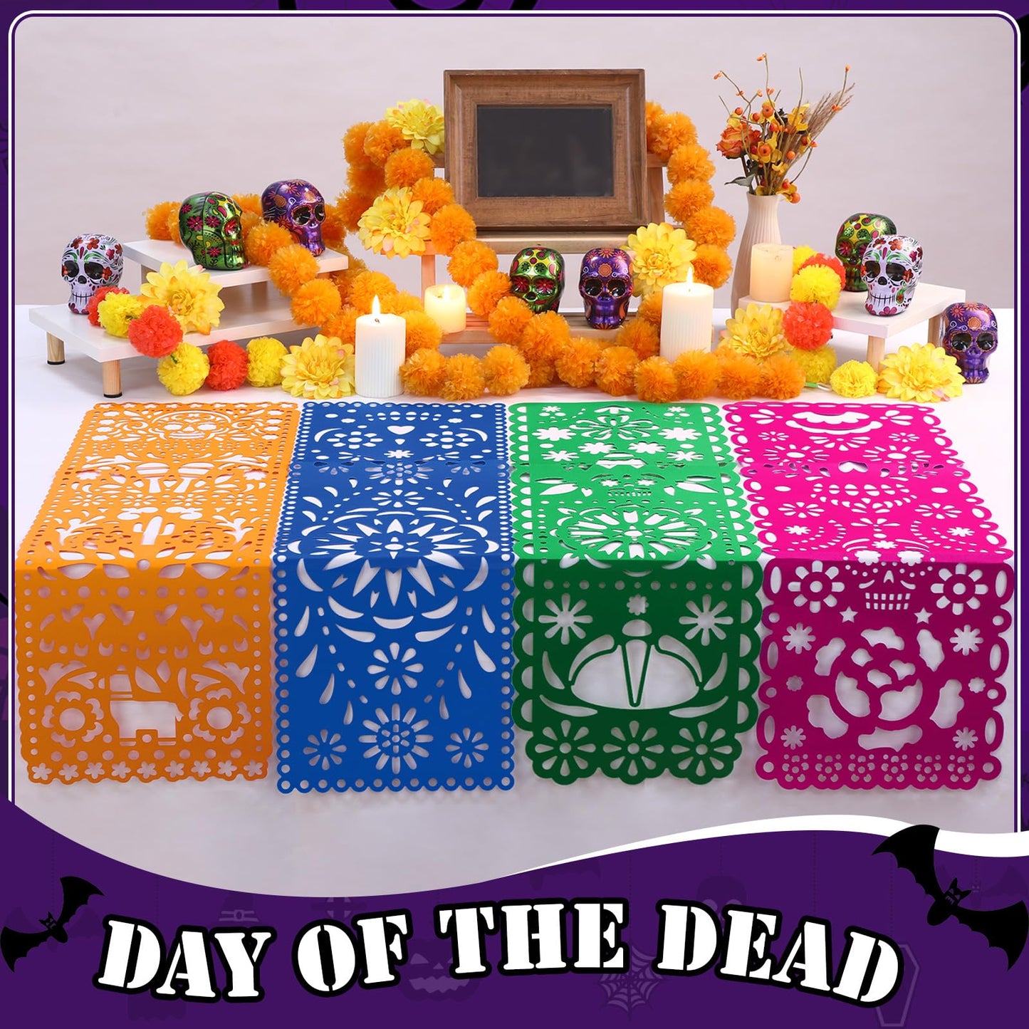 Motiskyy 6 Pack Day of The Dead Altar Decor Papel Picado Table Runners 29 x 10 Inch Dia De Muertos Decorations Sugar Skull Mexican Table Runner Mexican Party Fiesta Carnival Cinco De Mayo Mantel Decor