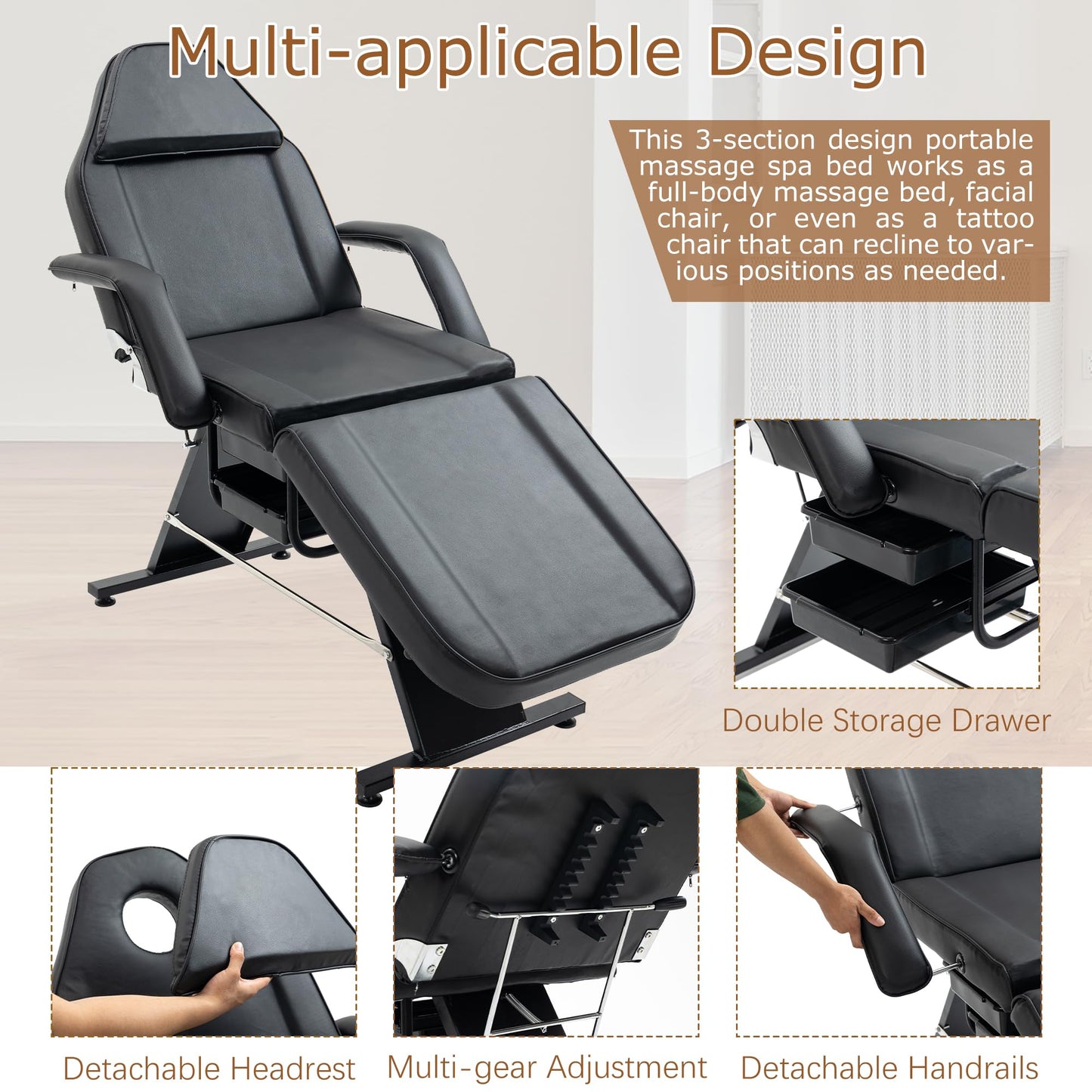 VroomAuto Professional 3-Section Hydraulic Facial Bed & Massage Chair with Stool, Adjustable Esthetician Table for Spa, Tattoo, Beauty Salon, Black