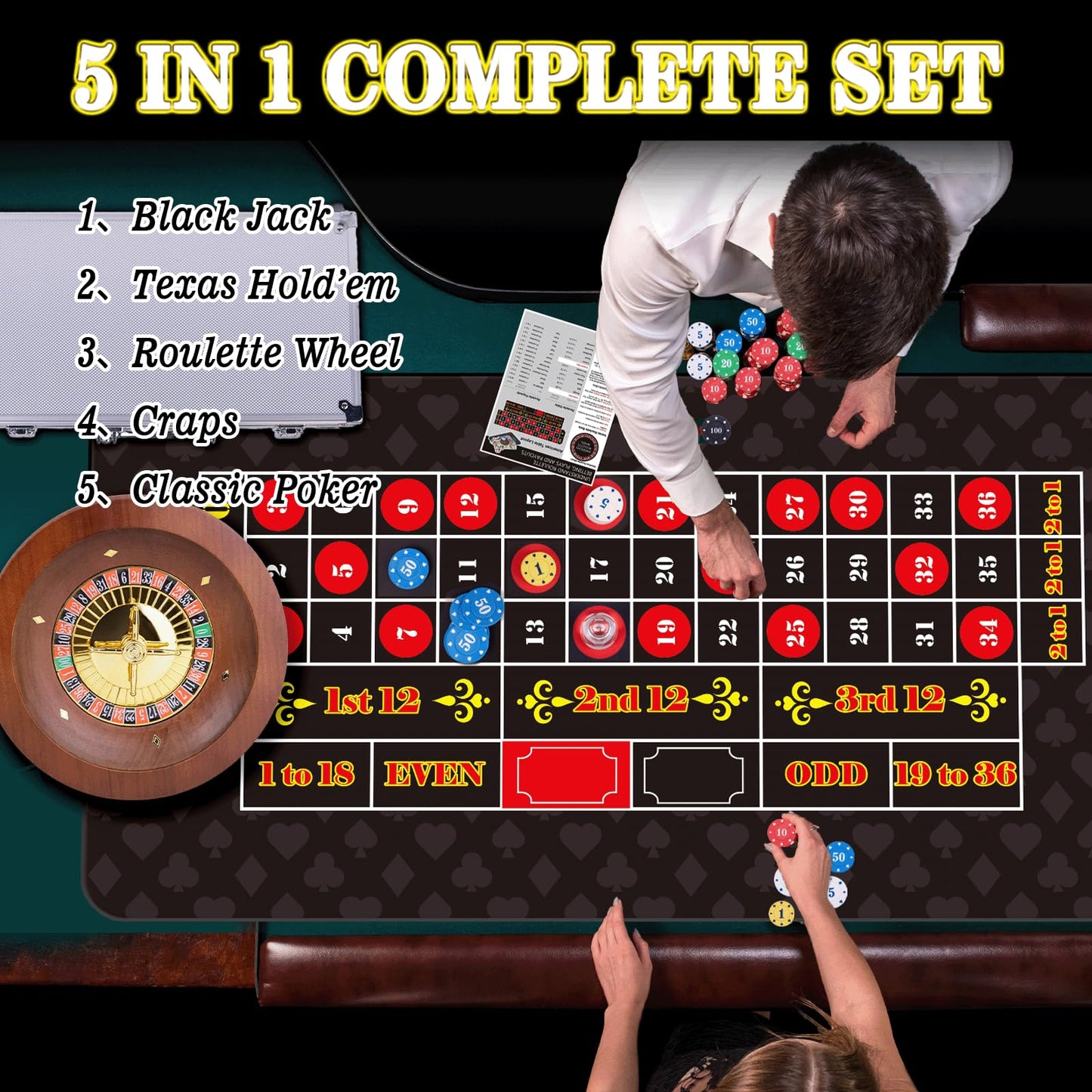 5 in 1 Super Casino Game Set: Blackjack/Texas Hold'em/Roulette/Craps/Poker Kit, 10" Wooden Roulette Wheel, Carrying Case with 360 Plastic Chips, 6 Deck Shuffler, 2 Double-Sided Rubber Mat And More