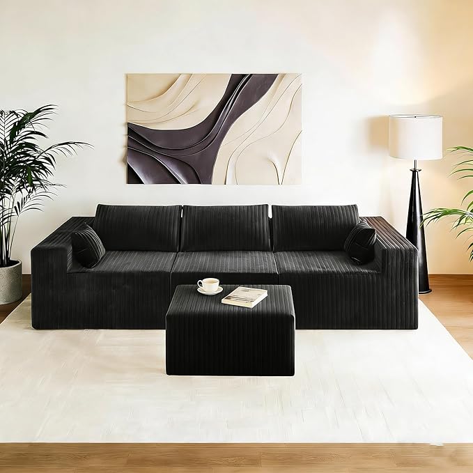 40" Ottoman for Couch, Plush Corduroy Memory Foam Ottoman Cloud Boneless Sectional Couch for Living Room Foot Stools Black