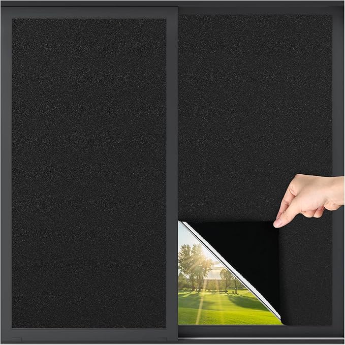 LUTE Blackout Window Film, Sun Light Blocking Frosted Privacy Cling for Glass, Darkening Window Tint for Day Sleep Black Out Shades, UV Blocking Static Cling Blackout Cover, 17.5" x 118.1"