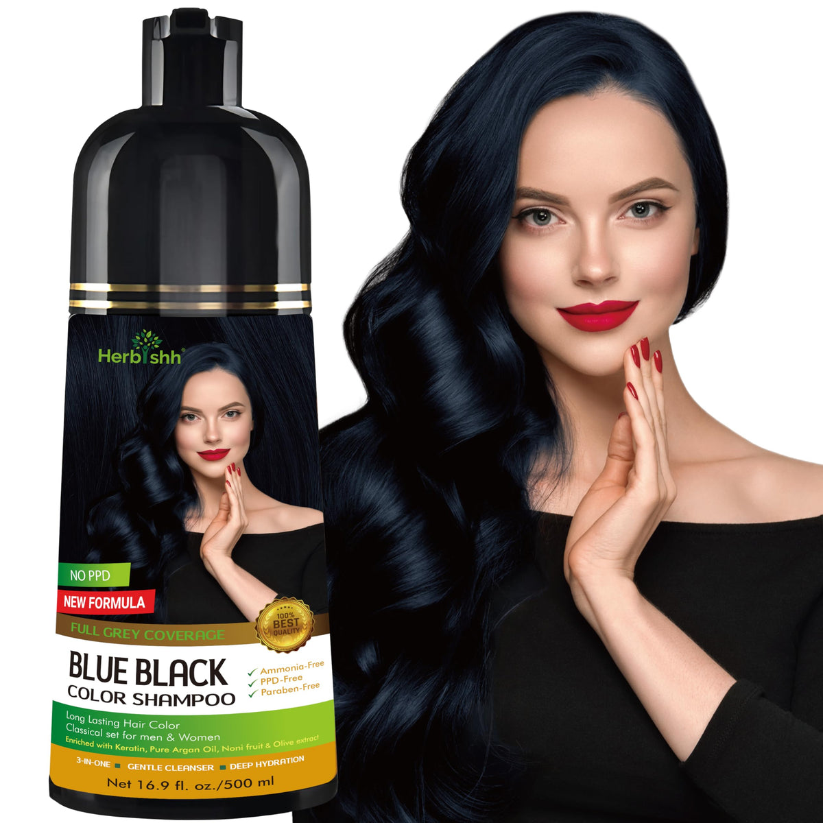 Herbishh Hair Color Shampoo - Magic Long-Lasting Hair Dye for Gray Hair Coloring in Minutes - 500 Ml - 3-In-1 Ammonia-Free Formu