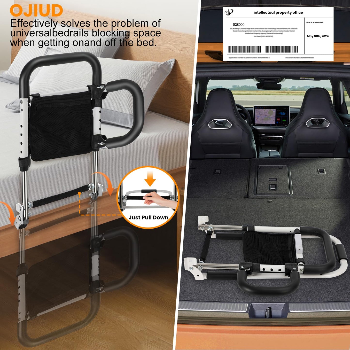 Ojiud Foldable Bed-Rails for Elderly Adults Safety with LED Night Light and Three Storage Pockets, Adjustable Bed-Assist-Rails for Seniors,Portable & Sturdy Grab Bar Bed Cane for King/Queen/Full/Twin