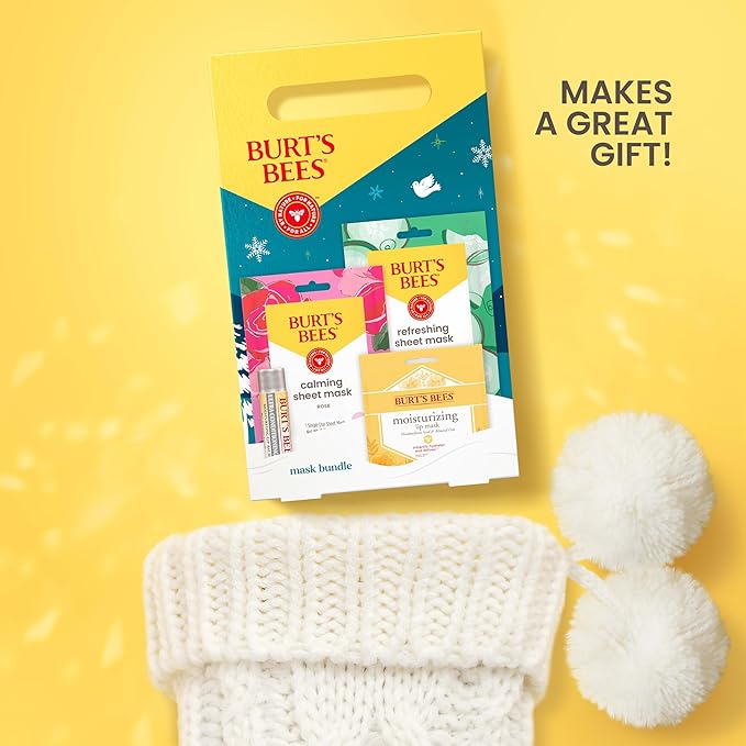 Burt’s Bees Christmas Gifts, Mask Bundle Stocking Stuffers Gift Set; Moisturizing Lip Mask, Ultra Conditioning Lip Balm, Refreshing Sheet Mask, Calming Sheet Mask; Festive Packaging; 1 Gift Set
