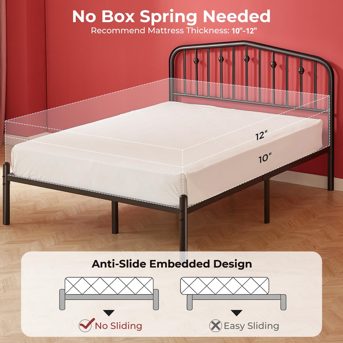 Susalt Metal Queen Bed Frame, 14 Inch Sturdy Queen Size Bed Frame with Headboard and 12.5" Under-Bed Storage, Safe Round Corner, Noiseless, No Box Spring Needed, Easy Assembly, Black