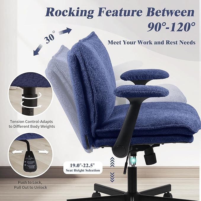 Kassipo Criss Cross Legged Office Chair with Wheels and Flip-Up Arms, Upholstered Criss Cross Desk Chair, Wide Seat Chairs for Home Office, Vanity, Apartment, Navy Blue