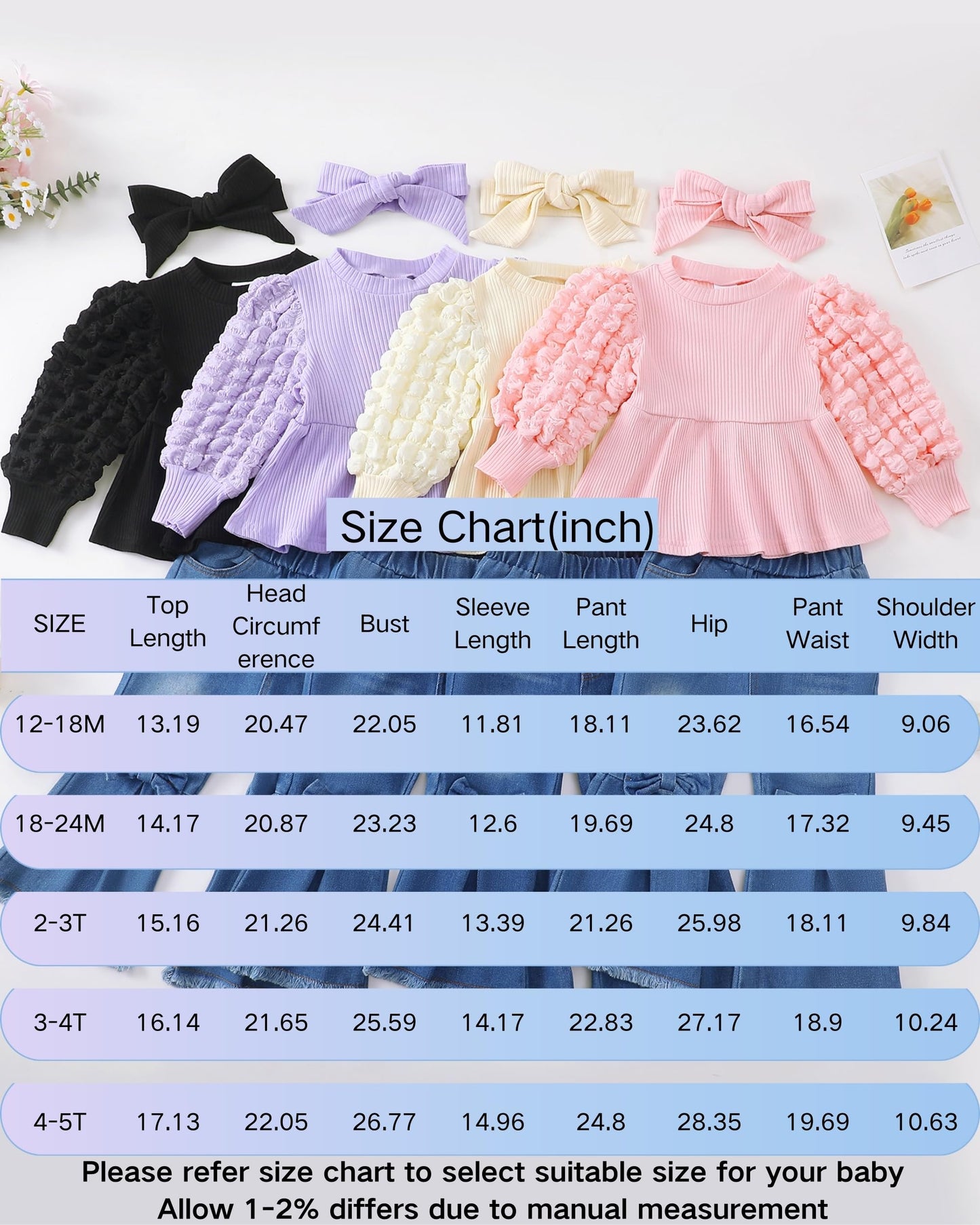 Renotemy Infant Baby Girl Clothes 12-18 Months Fall Winter Outfit for 1 Year Old Girl Gifts Puff Bubble Sleeve Knit Peplum Sweatshirt Flare Bell Bottom Jeans Matching Outfits Clothing Set Cream Yellow