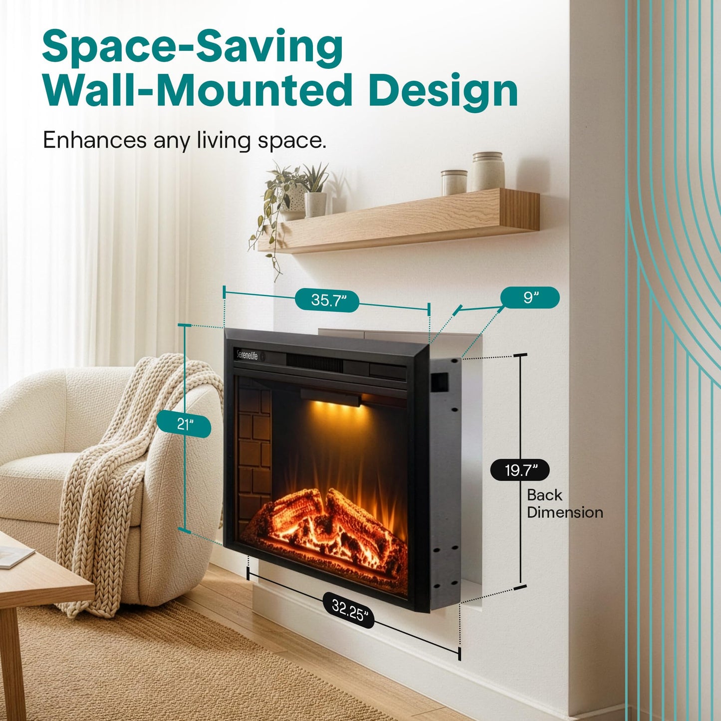 SereneLife Electric Fireplace Heater with LED Flame & Log Effects, Smart Wi-Fi, Touch Screen Panel, Remote Control, 3 Color Flame Modes, Wall Mounted Fire Place, Quiet Operation, Overheat Protection