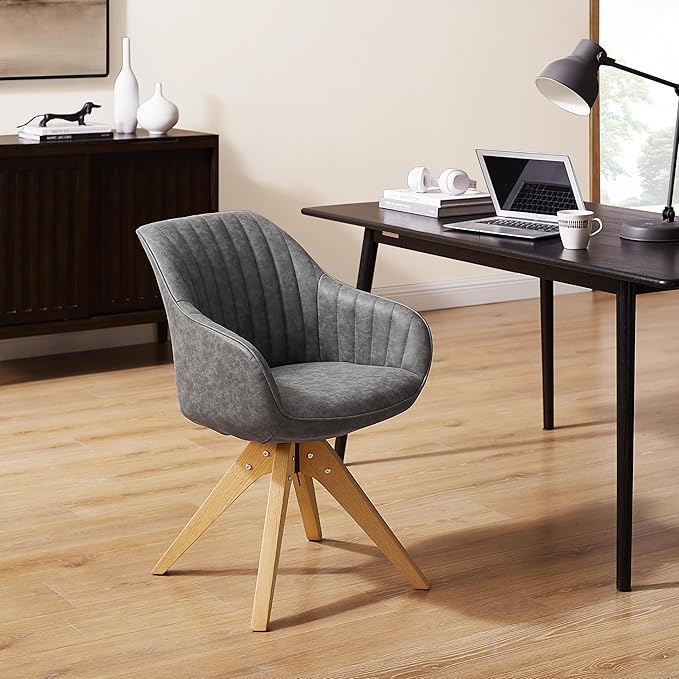 Art Leon Dining Chair, Mid Century Modern Faux Leather Upholstered Swivel Dining Room Chair with Oak Wood Legs, Leisure Side Chair with Arms for Living Room, Gray