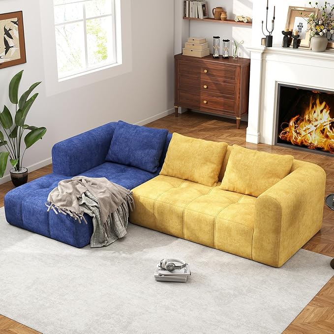 105" Modular Sectional Sofa, Boneless Couch for Living Room, Cloud Sectional Couch with Deep Seat, L-Shape Sofa, Upholstered Couches for Living Room Bedroom, No Assembly Required, Blue (Slub Fabric)