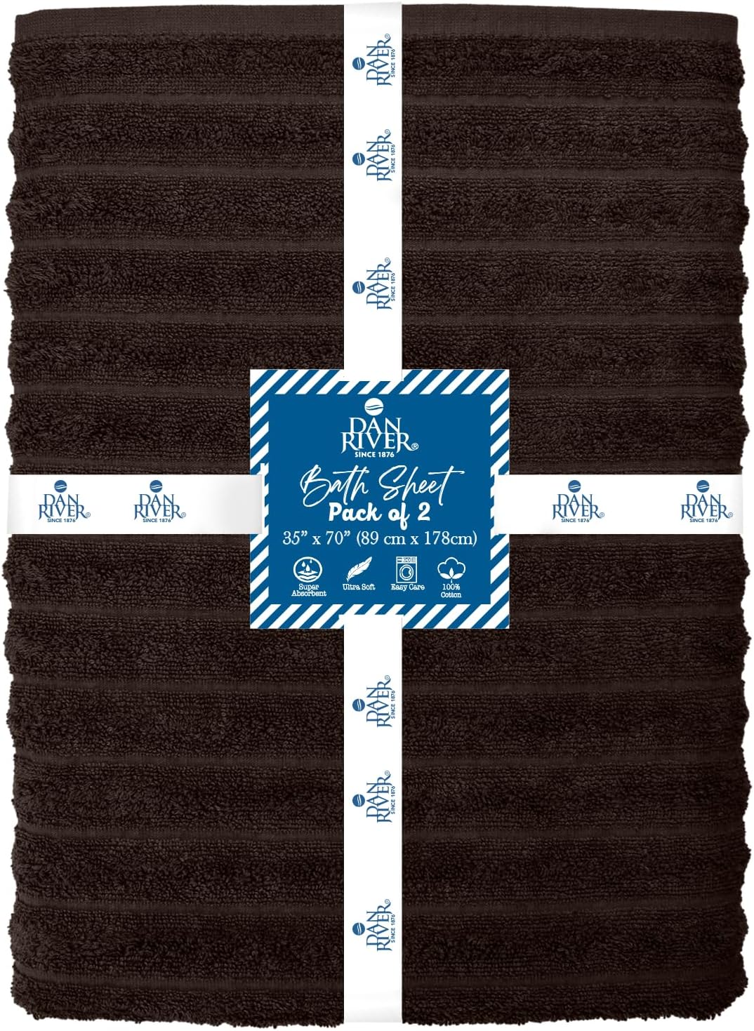 Dan River Pack of 2 Bath Sheet 35x70 Inches, Ribbed Oversized Bath Sheets Towels for Adults, Fluffy and Soft Plush Towels - Brown