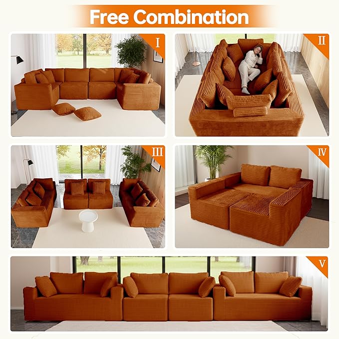 135.5" Cloud Sectional Couch,Boneless Corduroy Sofa for Living Room,Oversized U Shaped Sofa with Chaise,Deep Seat,No Assembly Required,Modular Sectional Sofa（Orange）