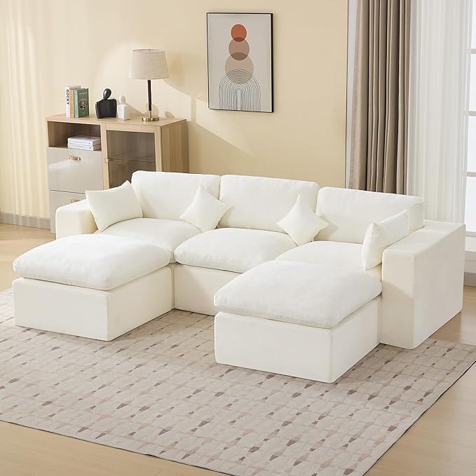 115'' Cloud Boneless Sectional Couch, Modular Sectional Sofa Deep Seat with 2 Ottomans, Oversized Upholstered Convertible Comfy 5 Seater Chenille Sofa U Shape Couches for Living Room, Beige