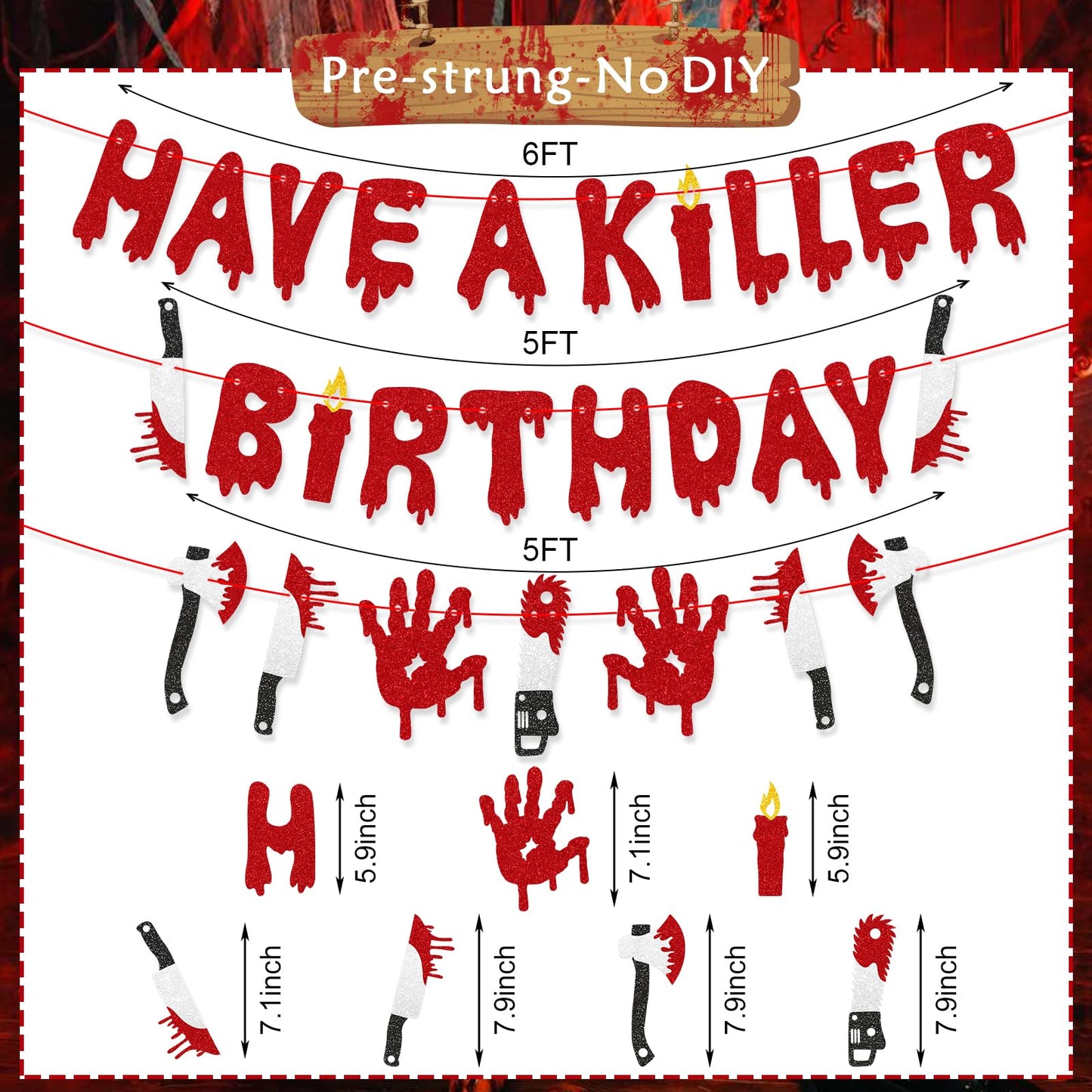 Stcomart Pre-Strung 6ft Glitter Have a Killer Birthday Banner for Halloween Birthday Party Decorations, Scary Bloody Halloween Decorations, Red