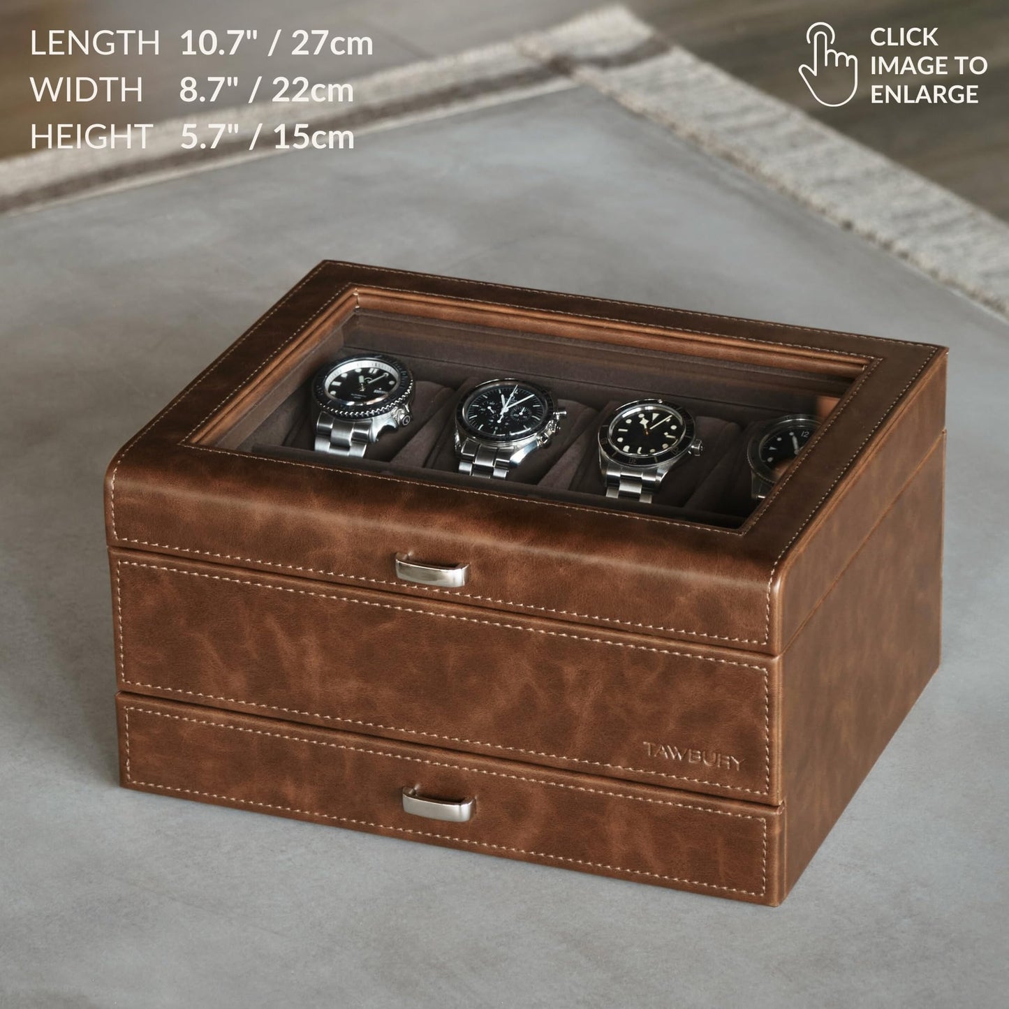 TAWBURY 8 Slot Watch Box with Storage Drawer – Premium Watch Storage Case for Men | 2.2-inch Wide Pillows Hold Small & Ovesized Watches (Brown)