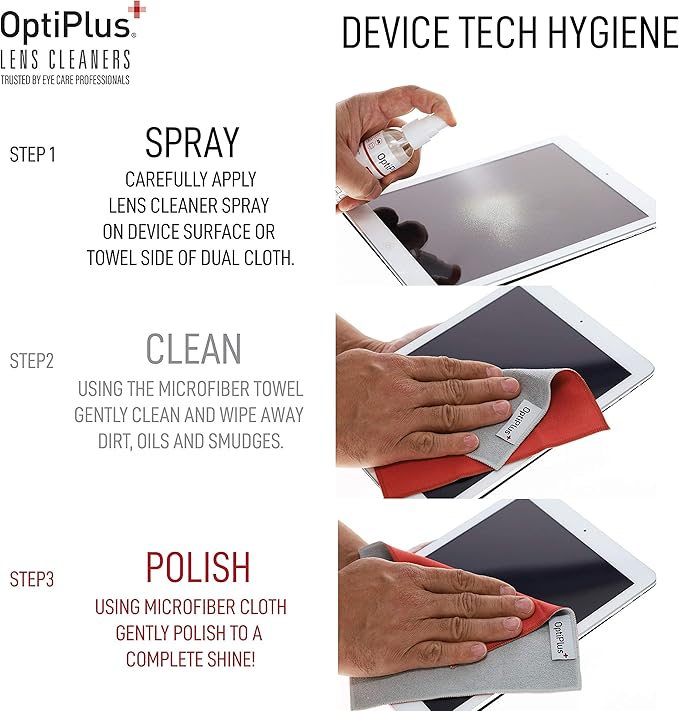 OptiPlus All-Natural Lens Cleaning Spray and Dual-Purpose Microfiber Cloth | Streak-Free Spray for Glasses, Laptops Screens, Smart Phones, Optical Lens, Goggles, and Watch Screen l Travel Size l 2oz