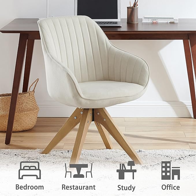 Art Leon Mid Century Modern Dining Chair - Fabric Upholstered Swivel Dining Chair, Kitchen Dining Room Chair with Oak Wood Legs, Leisure Side Chair with Arms, Off White