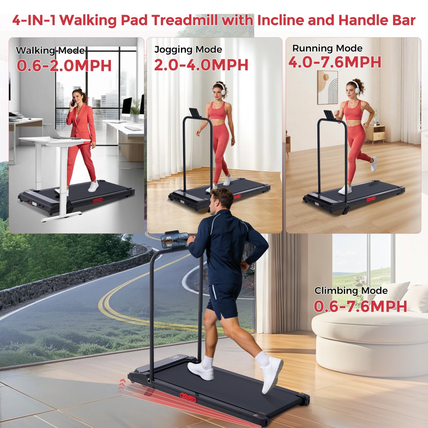 MCRG Walking Pad Treadmill with Incline, 2026 Upgrade Portable Walking pad Treadmill with Handle Bar, 0.6-7.6MPH Small Treadmills Walking Pad for Home Small, 3.5HP, 350LBS