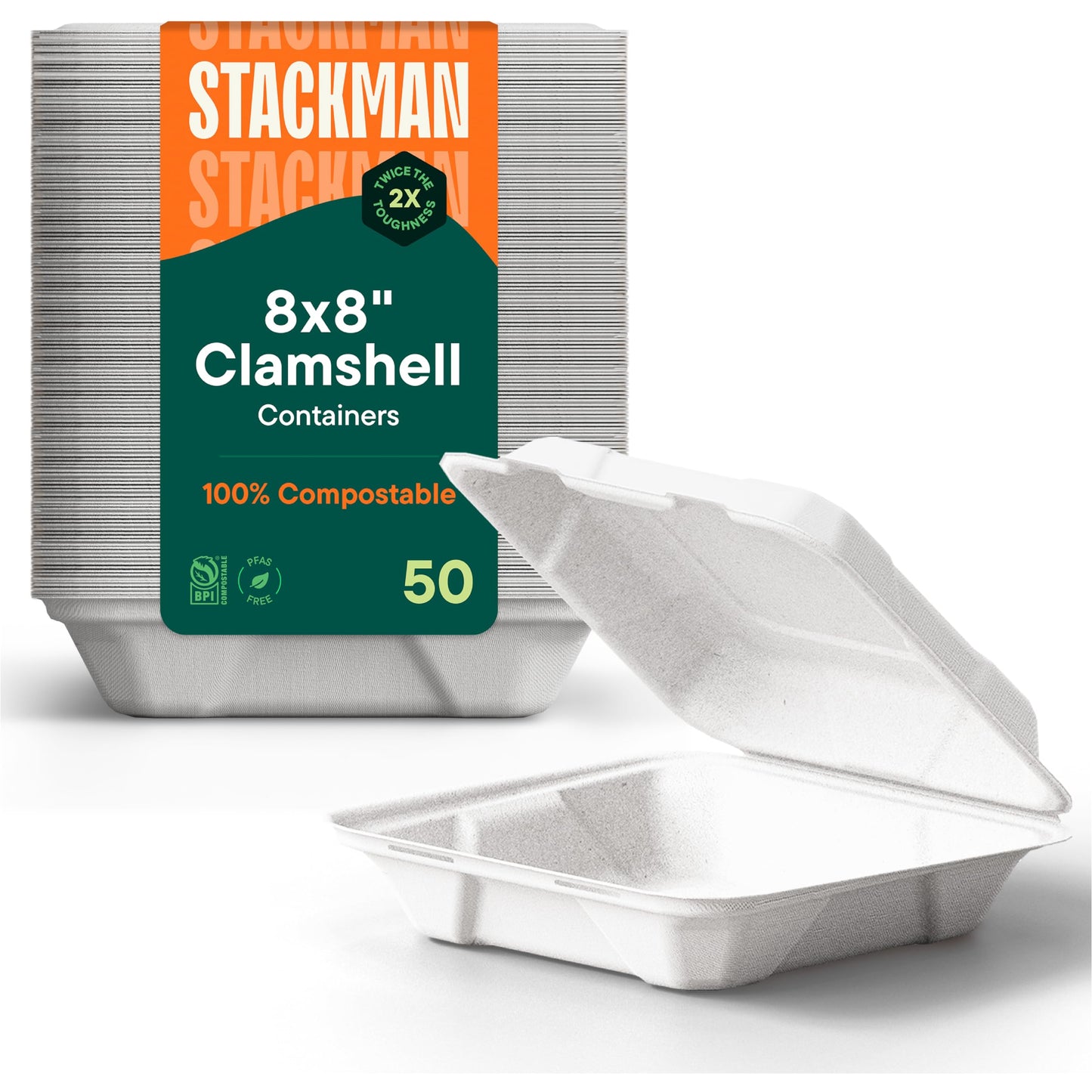 100% Compostable Clamshell Take Out Food Containers [8X8" 50-Pack] Heavy-Duty Quality to go Containers, Natural Disposable Bagasse, Eco-Friendly Biodegradable Made of Sugar Cane Fibers