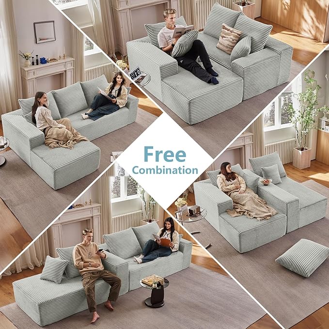 107" W Cloud Sectional Couch with L-Shape Chaise, Modern Corduroy Boneless Couch for Living Room,Memory Foam Sofa with Deep Seat,No Assembly Required (Grey,Left-Facing Chaise)
