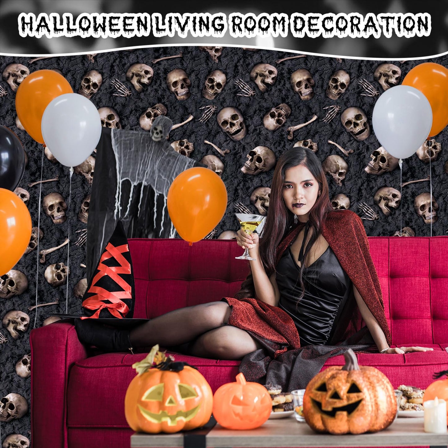 Preboun 100 ft x 54 Inches Halloween Skeleton Tablecloth Skull Wallpaper Halloween Scene Setters Room Skeleton Theme Plastic Waterproof Catacombs Skull Backdrop for Party Decoration Supplies