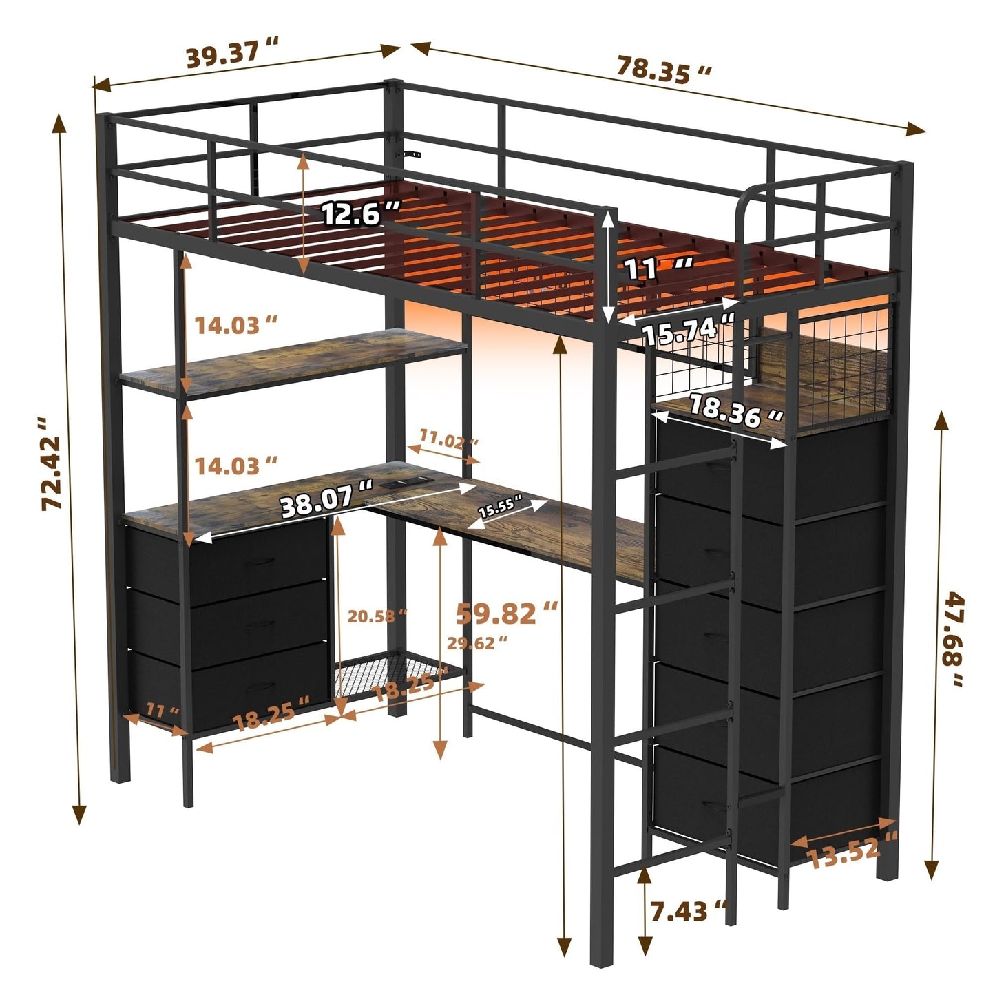 SAHISTCT Twin Size Loft Bed with Desk, LED Lights, Charging Station, Industrial Loft Bed Frame with 3 Storage Shelves and 8 Fabric Drawers, Safety Guard & Ladder,LED Metal Twin Size Bunk Bed
