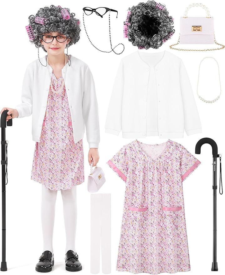 FancyFun 8 Pieces Old Lady Costume for Girls, 100 Days of School Costume for Kids Grandma Wig Granny Dress Cosplay Outifits