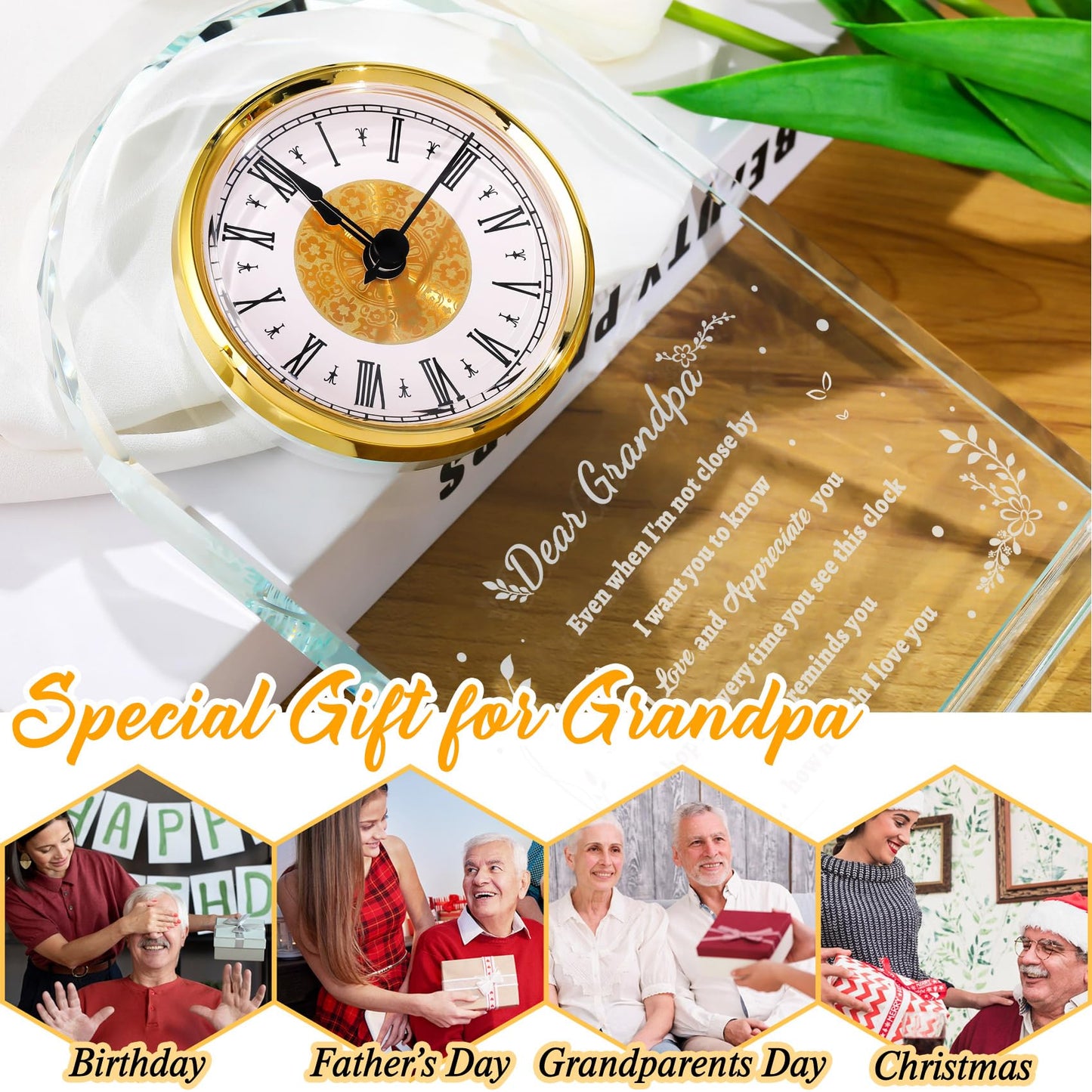 YWHL Glass Colck Gifts for Grandpa, Best Father's Day Grandpa Gifts, Great Grandfather Birthday Gifts, Glass Clock Keepsake for Grandpa on Christmas (Battery not Included)