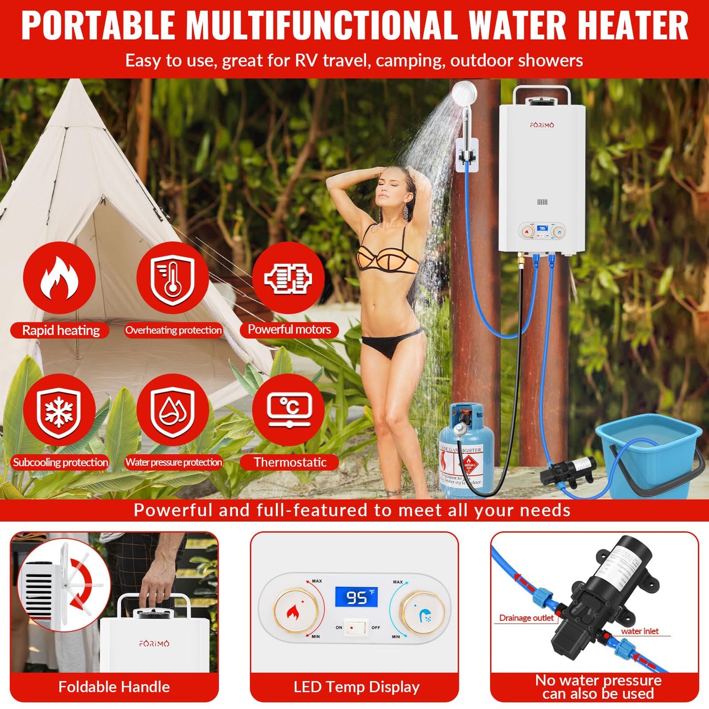 Tankless Water Heater Propane,2.64GPM 10L Outdoor Portable water heater,with 2 GPM Water Pump, with Digital Display Multi-Protection for Camping Trips Boat Cabins