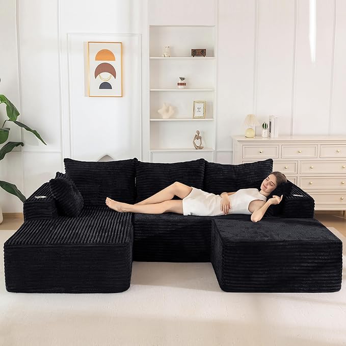 MAXYOYO 104" U-Shaped Modular Sectional Couch, Modern Boneless Couch for Living Room, Sofa in A Box, Oversized Sofa Sleeper with Deep Seat, No Assembly Required, Black