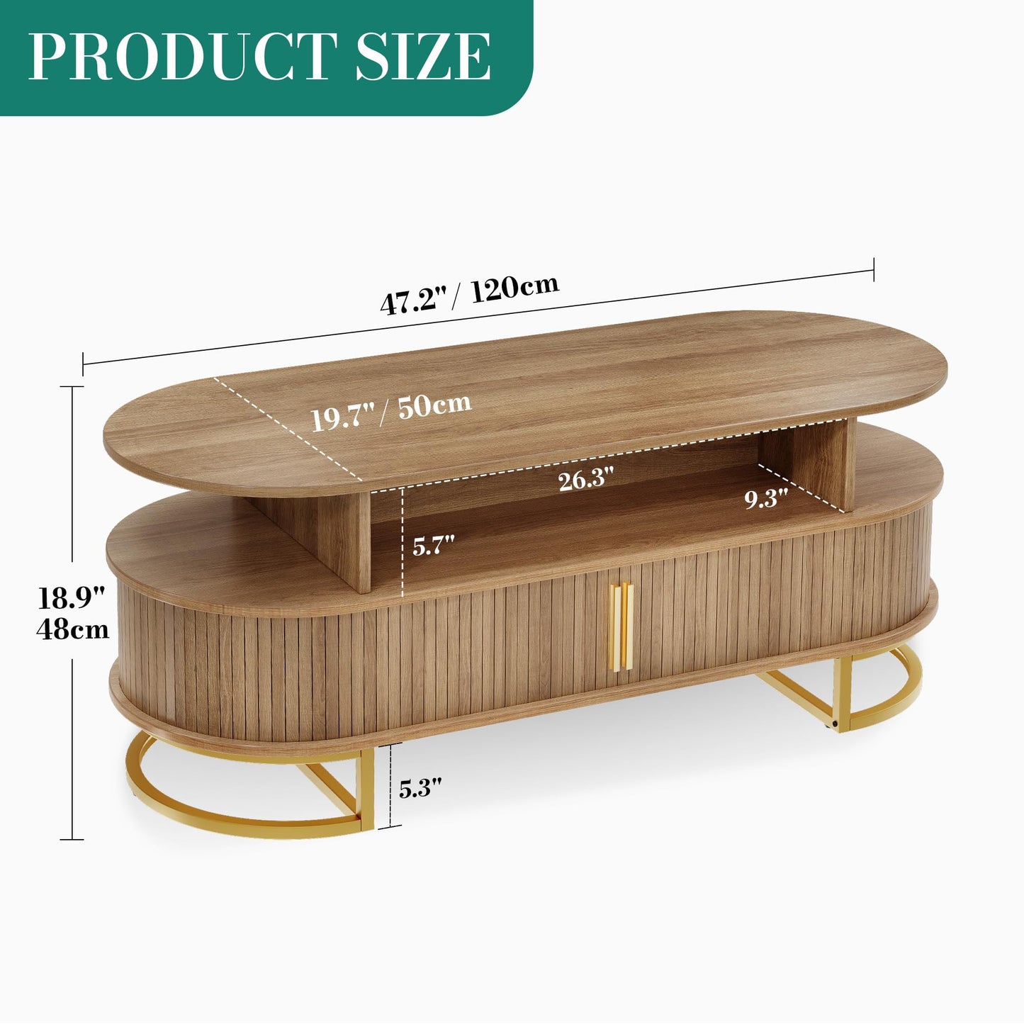 YITAHOME Coffee Table, Coffee Tables for Living Room with Sliding Doors & Large Storage, Modern Wooden Coffee Table with Gold Handles, Metal Base for Living Room, Natural Oak