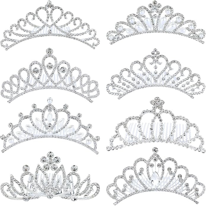 inSowni 8 Pack Decorative Silver Metal Princess Birthday Party Prom Wedding Pearl Rhinestone Crown Hair Side Combs Slides ...
