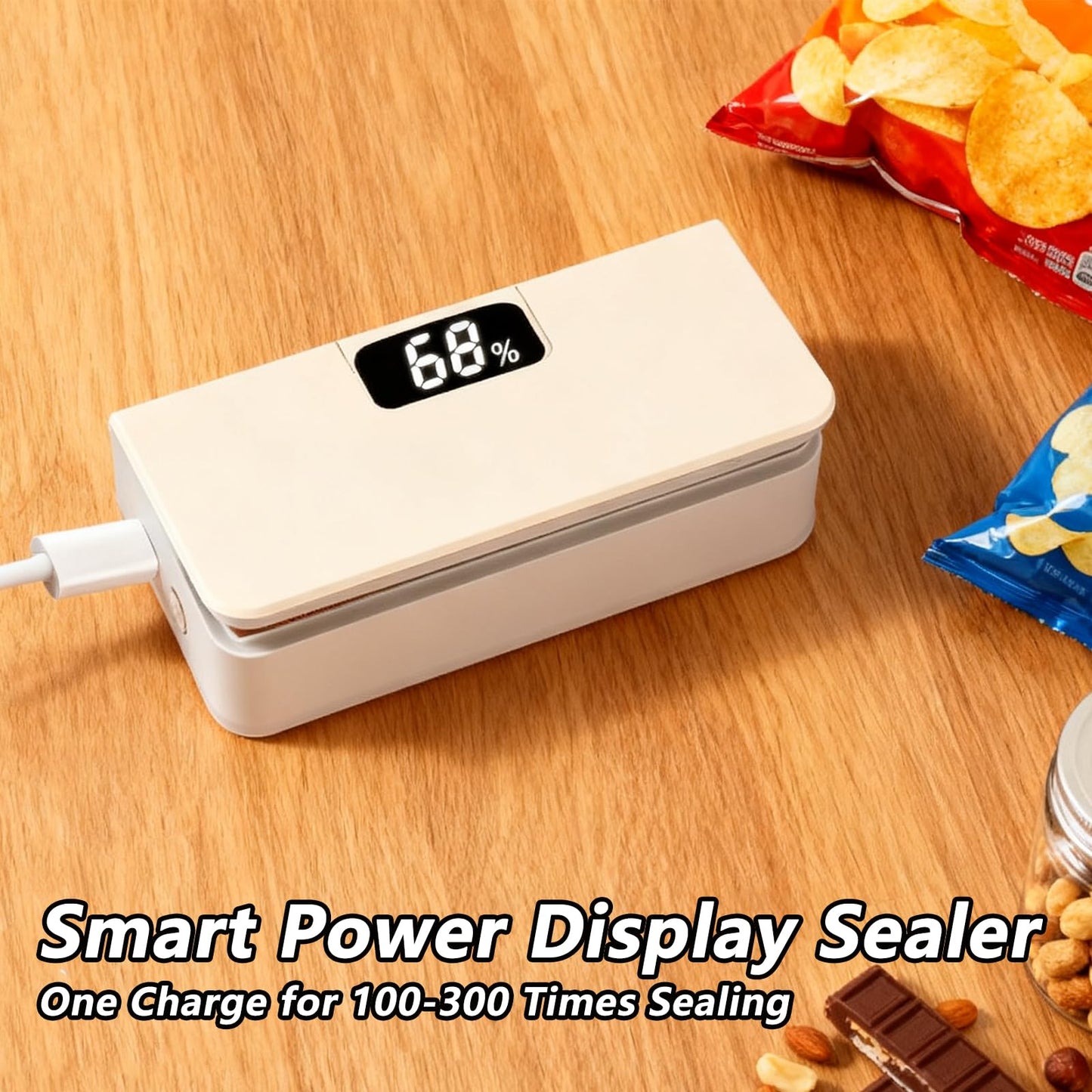 Syaws Mini Bag Sealer,Rechargeable Sealer Machine with LED Power Display,Heat Sealer and Cutter with 6 Adjustable Gears,Portable Bag Resealer for Chips Snacks Mylar Bags (White)