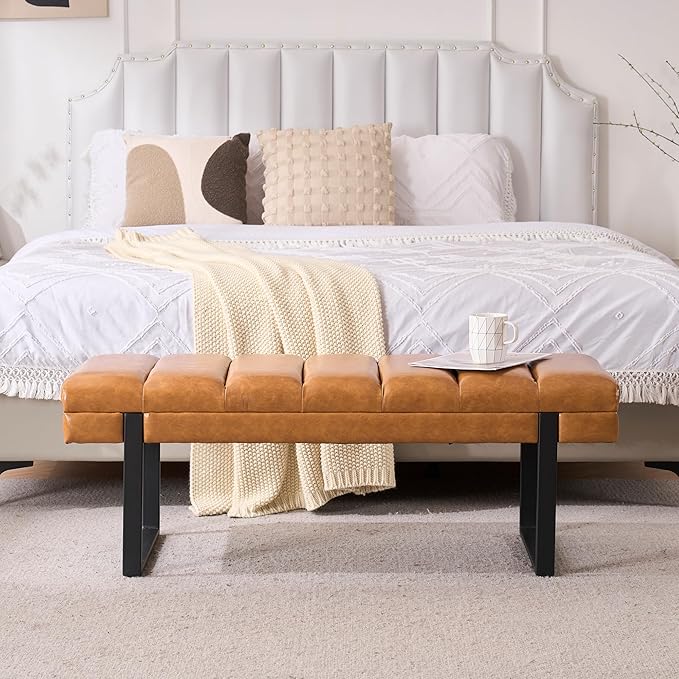 AIITTCC Faux Leather Ottoman Bench, Tufted Padded End of Bed Bench with Metal Legs, Upholstered Shoe Bench for Bedroom Living Room Entryway Window (Camel Brown, 46" Wide)