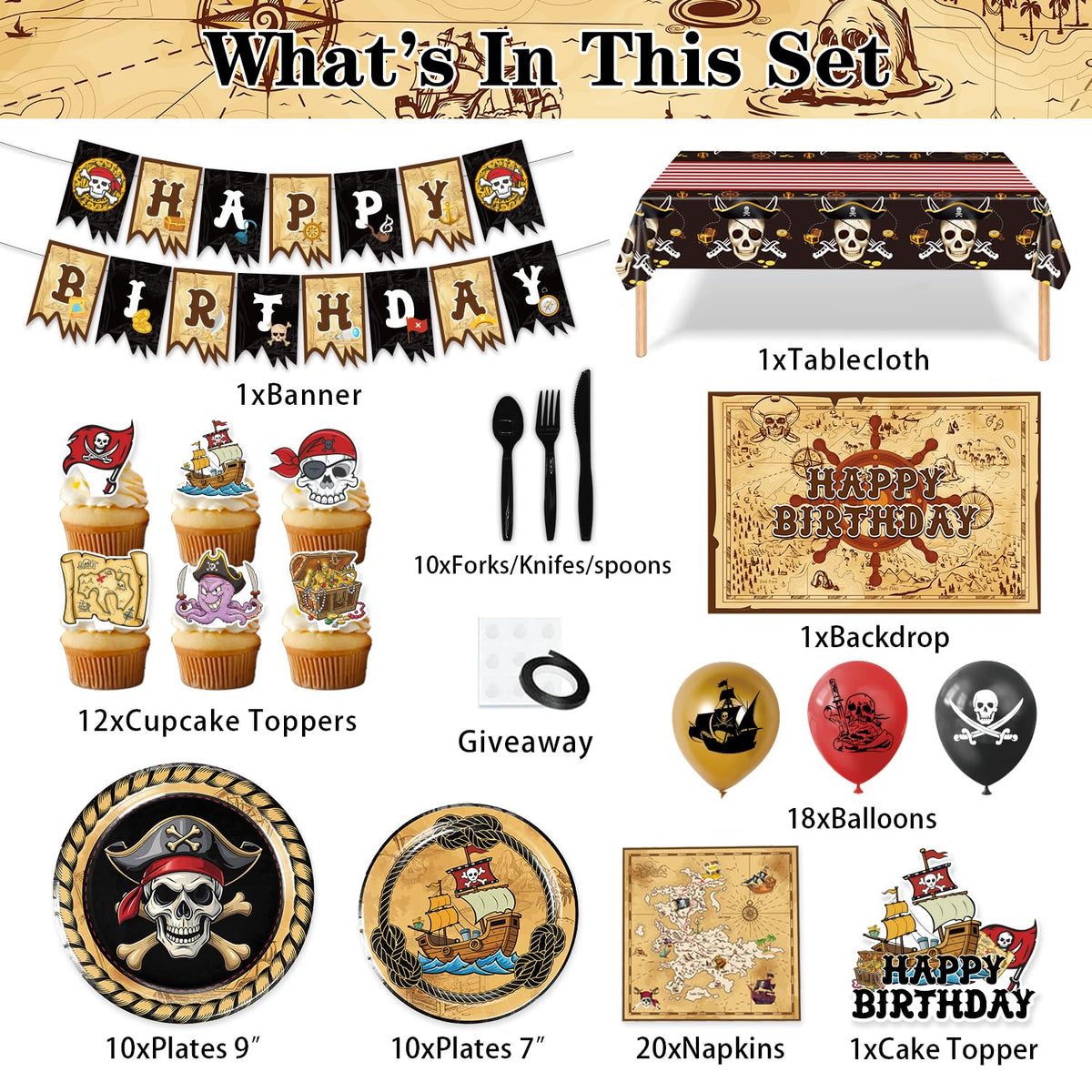 Heidaman 120Pcs Pirate Party Decorations，Pirate Birthday Decorations,Pirate Themed Party Decorations,Set Include：Balloons,Backdrop,Banner, Cake Toppers，Plates And Napkins，Tableware, Tablecloth