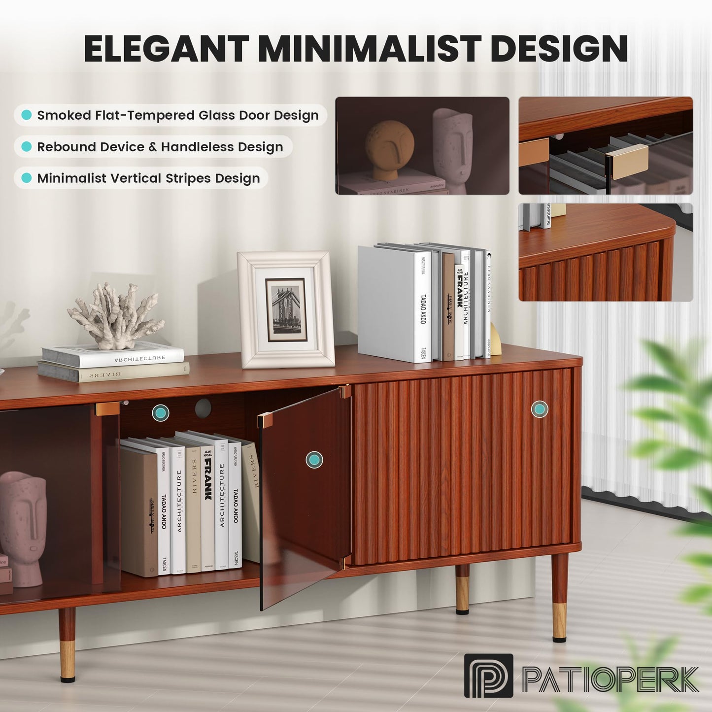 PatioPerk TV Stand for 55 65 Inch TV – Modern Entertainment Center with 4 Storage Cabinets for Living Room, 70 Inch TV Console with LED Lights and Glass Doors, Walnut Brown