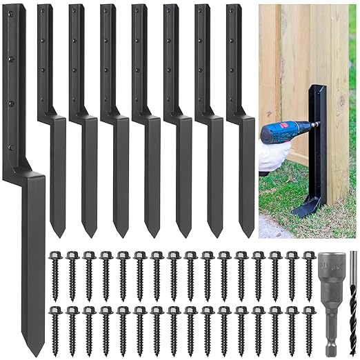 Epcee Heavy Duty Steel Fence Post Repair Stakes, Fence Post Anchor Ground Spike, for Repair Tilted/Broken Wood (8 Pack/Black