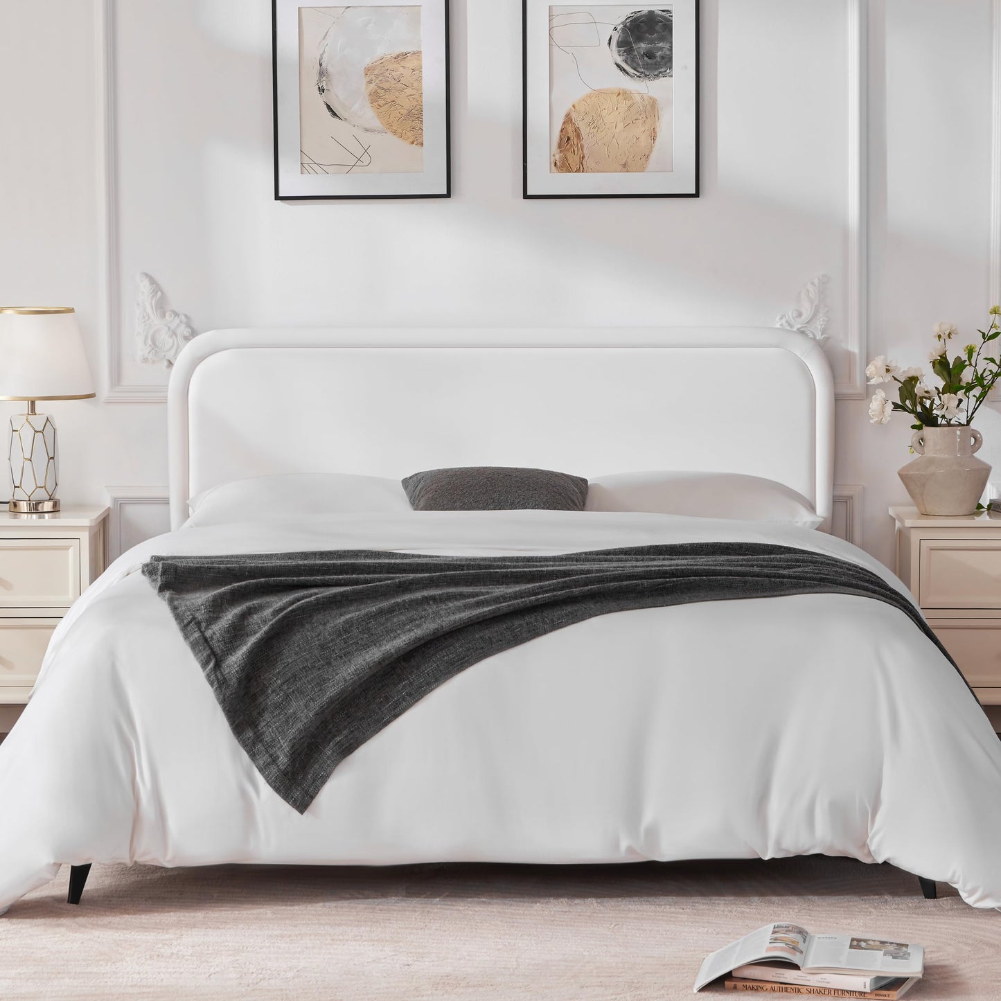 Howjoe Velvet Fabric Headboard Queen, Upholstered Headboard Queen Size Only, Dorm Bed Headboards from 41” to 49” Height, Sturdy and Durable Solid Wood Bed Head Board, White