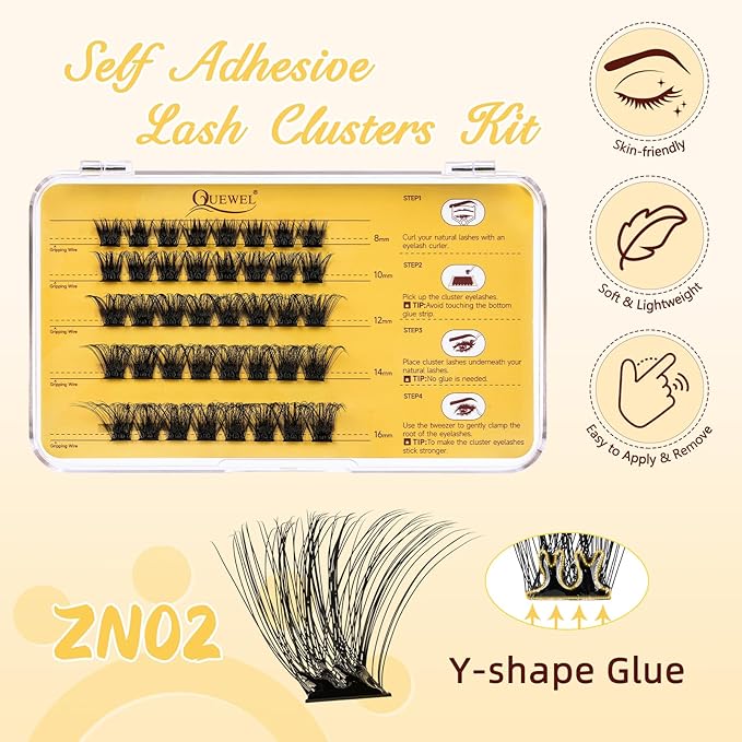 QUEWEL Self Adhesive Eyelashes Natural Look, No Glue Needed Lash Clusters with Eyelash Clusters Tweezer, 40 Pcs Reusable Lashes Self Adhesive for Beginners, DIY Lash Extensions for Home Use(ZN-02)