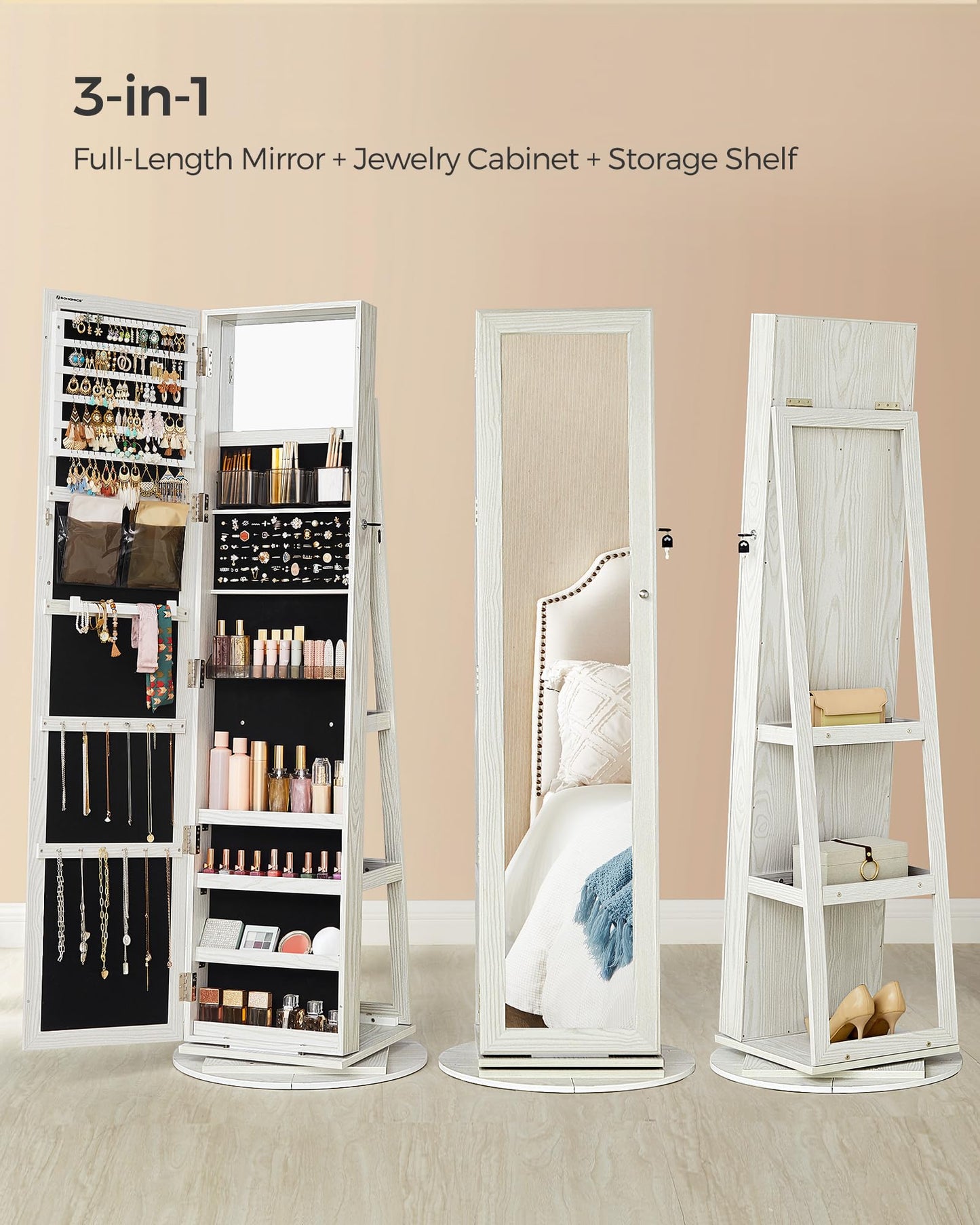 SONGMICS 360° Swivel Jewelry Cabinet, Lockable Jewelry Organizer with Full-Length Mirror, Rear Storage Shelves, Interior Mirror, Jewelry Armoire, Gift Idea, White with Gray Wood Grain UJJC006W01